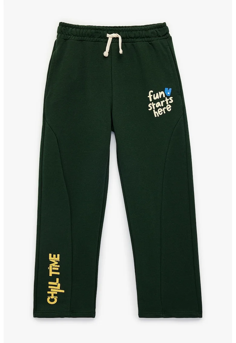Pantaloni de trening cu snur si text, Verde inchis/Albastru