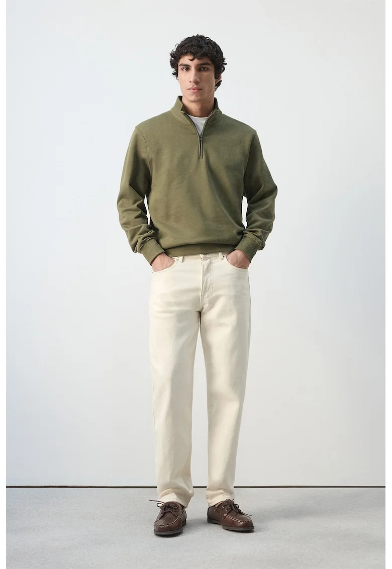 Bluza de trening din bumbac cu guler cu fermoar, Verde masliniu