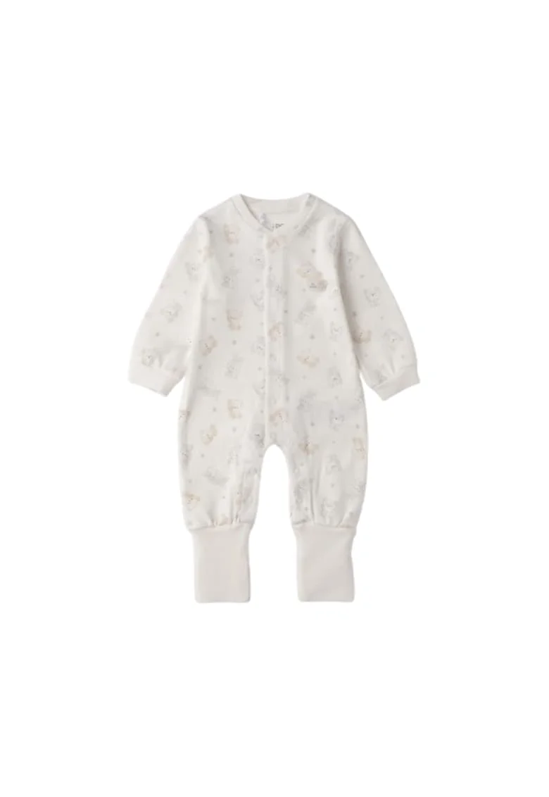 Salopeta bebe iDO din bumbac interlock cu imprimeu ursuleti si iepurasi Crem