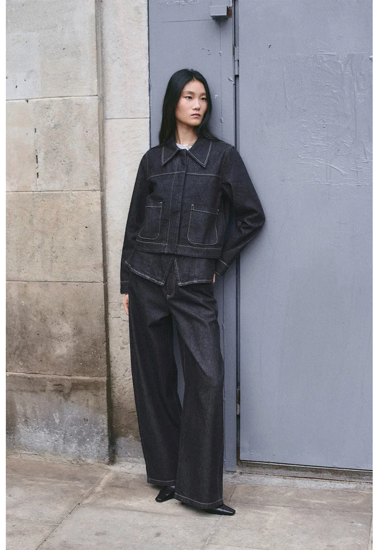 Jacheta crop din denim, Bleumarin