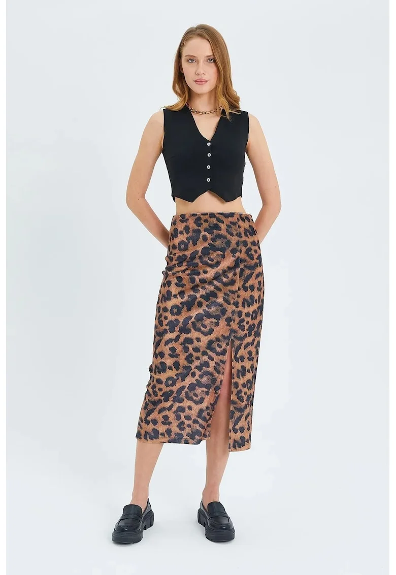Fusta Midi  cu Imprimeu Leopard, Maro