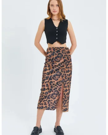 Fusta Midi  cu Imprimeu Leopard, Maro