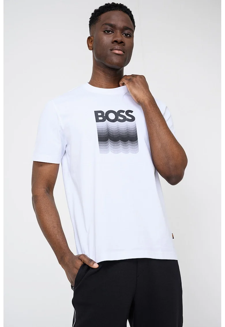 Tricou de bumbac cu imprimeu logo, Negru/Alb optic