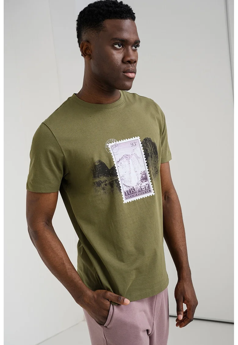 Tricou de bumbac cu imprimeu grafic Divalis, Alb/Kaki inchis