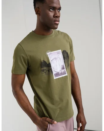 Tricou de bumbac cu imprimeu grafic Divalis, Alb/Kaki inchis