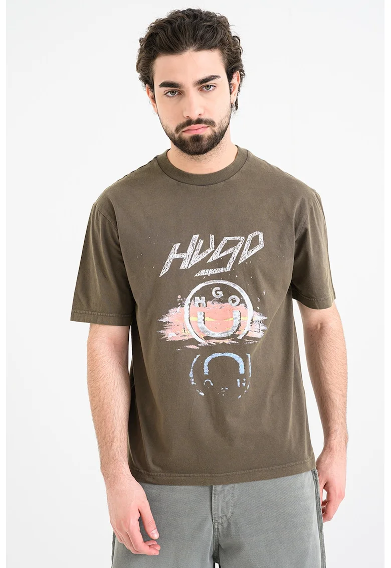 Tricou cu decolteu la baza gatului si imprimeu Noctornix, Alb/Roz somon/Kaki inchis