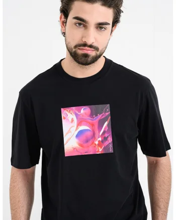 Tricou regular fit cu imprimeu frontal, Alb/Negru/Fucsia