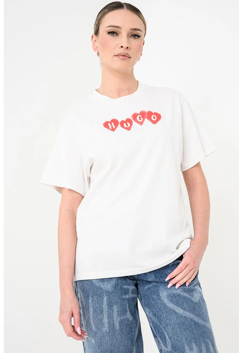 Tricou de bumbac cu logo, Rosu/Alb murdar