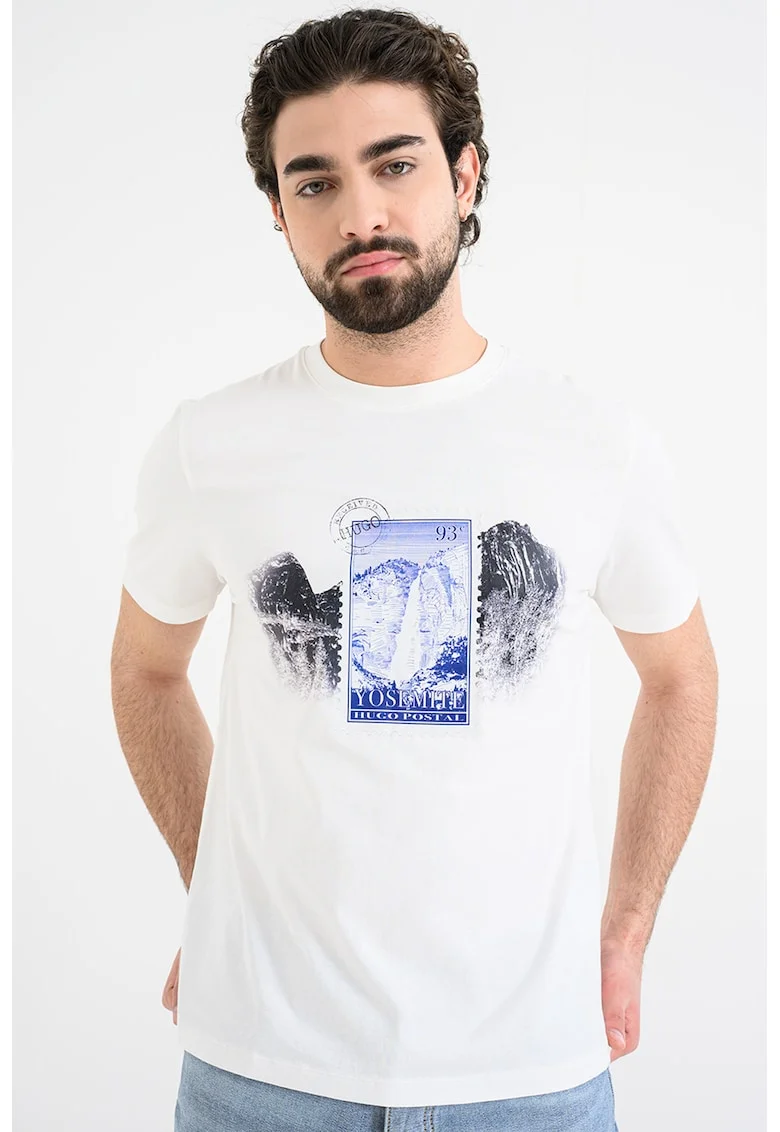 Tricou de bumbac cu imprimeu grafic Divalis, Alb/Negru/Albastru