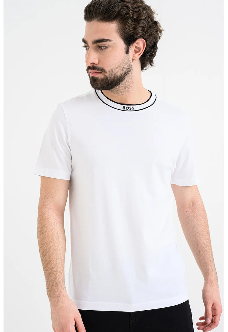Tricou uni de bumbac cu decolteu la baza gatului, Negru/Alb optic
