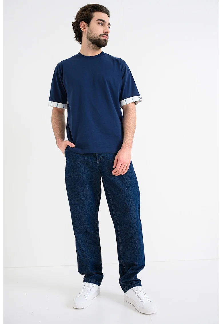 Tricou regular fit cu decolteu la baza gatului Danoto, Alb/Albastru ultramarin