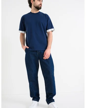 Tricou regular fit cu decolteu la baza gatului Danoto, Alb/Albastru ultramarin