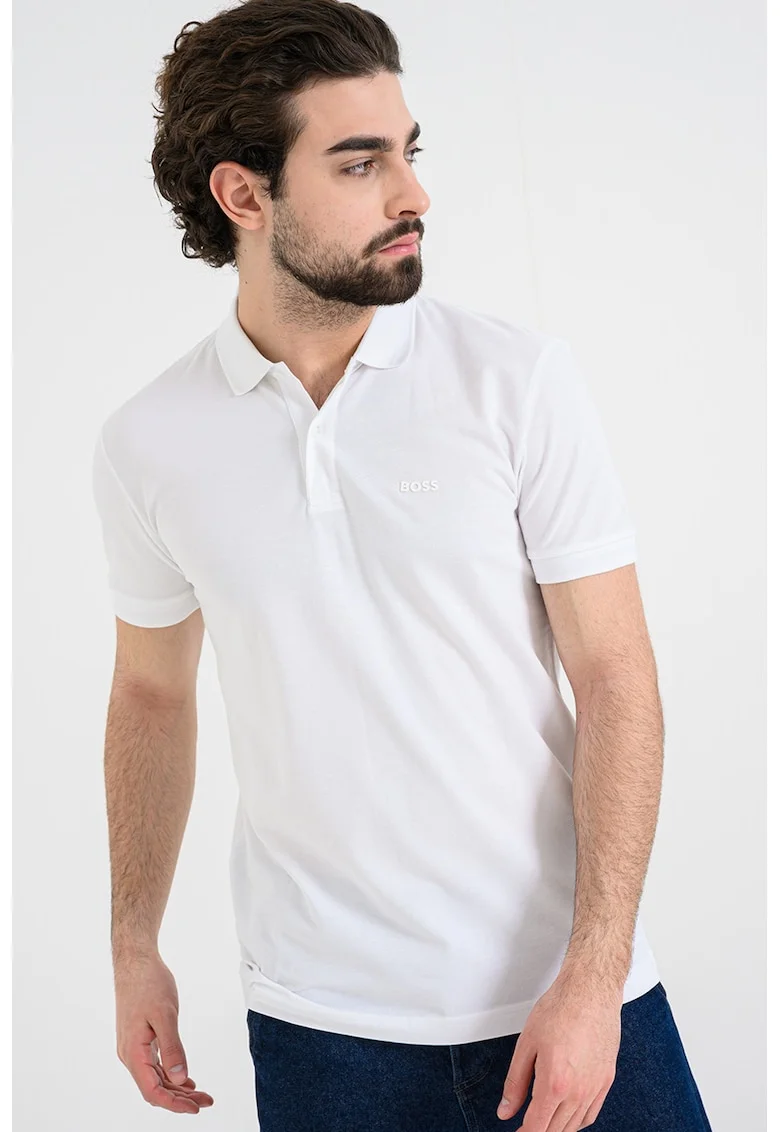 Tricou polo slim fit cu logo grafic, Alb optic