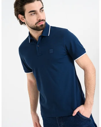 Tricou polo slim fit Passertip, Alb optic/Bleumarin