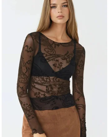 Bluza dama  mulata, cu maneca lunga, imprimeu, negru, poliester-elastan