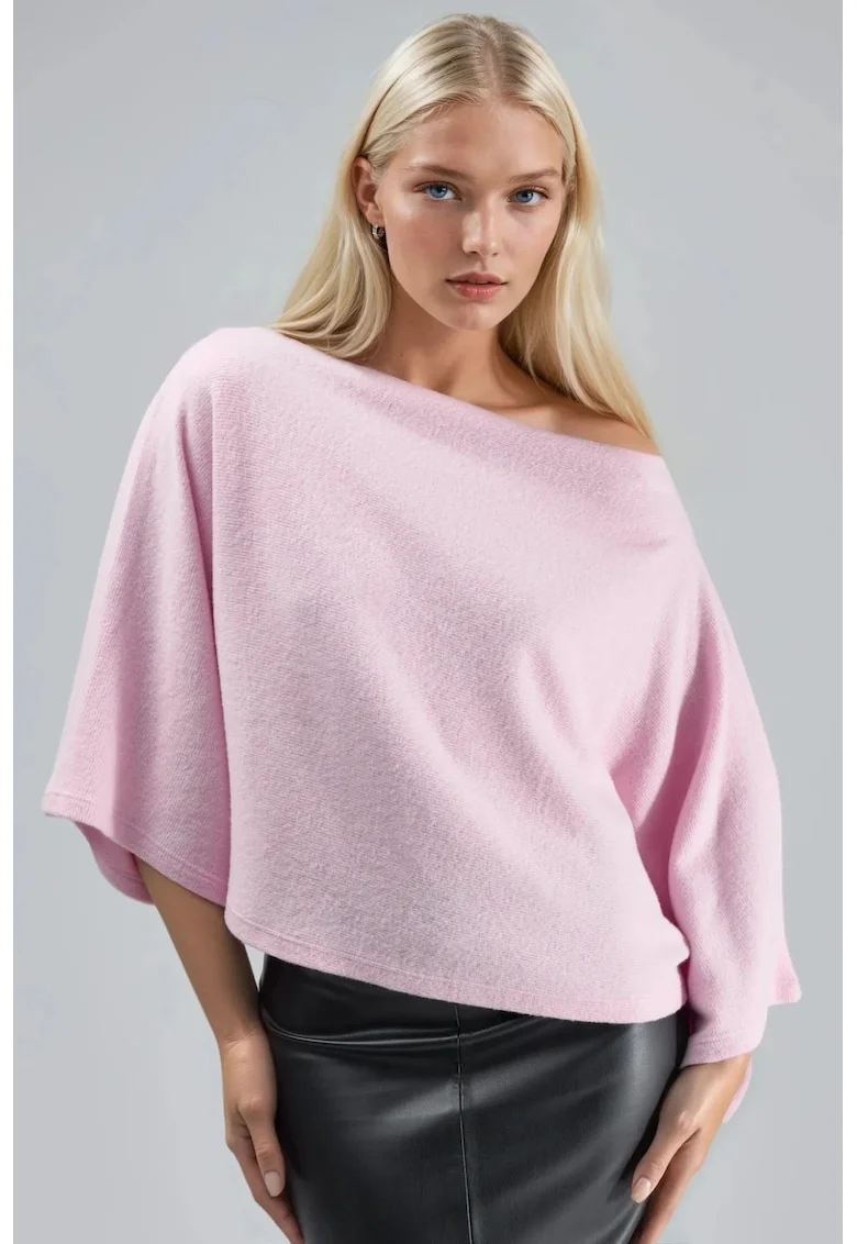 Bluza tricotata dama  decolteu barca, roz pudrat, poliester-viscoza-elastan