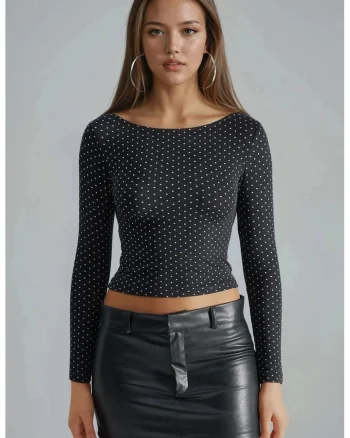 Bluza dama  cu buline, negru/alb, viscoza-elastan