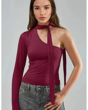 Bluza dama,  asimetrica, slim fit, visiniu, viscoza/elastan