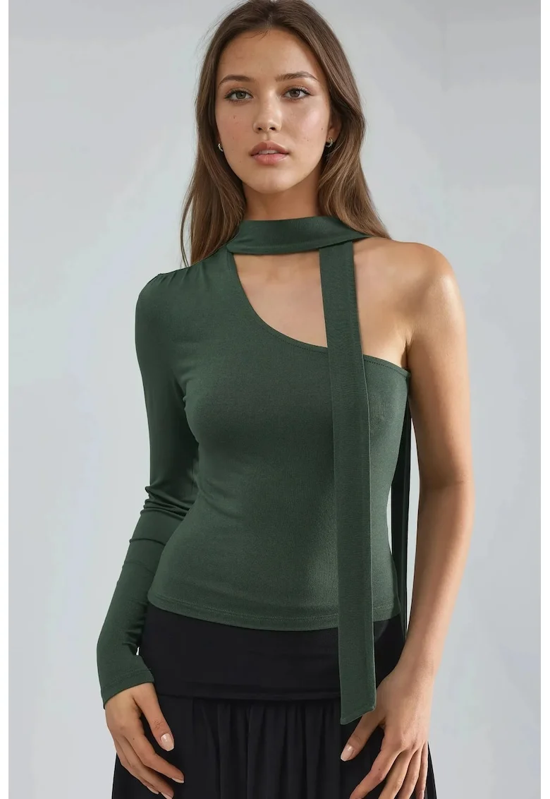 Bluza dama,  asimetrica, slim fit, kaki, viscoza-elastan