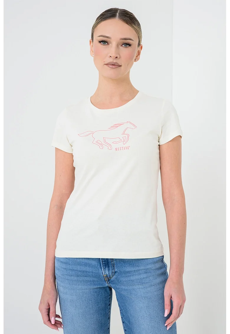 Tricou cu imprimeu logo, Alb fildes/Rosu deschis