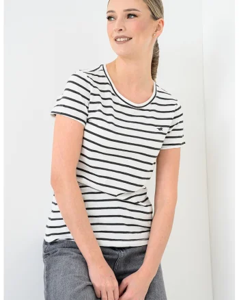 Tricou cu decolteu rotund si dungi, Negru/Alb murdar