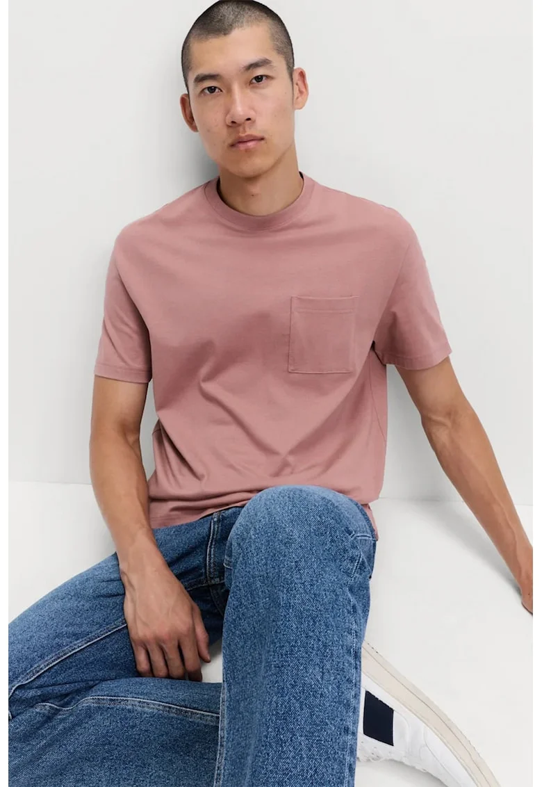 Tricou de bumbac cu buzunar aplicat pe piept, Rosu capsuna