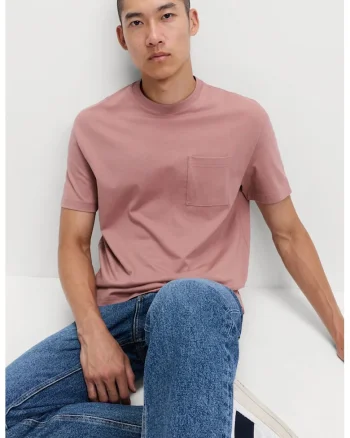 Tricou de bumbac cu buzunar aplicat pe piept, Rosu capsuna
