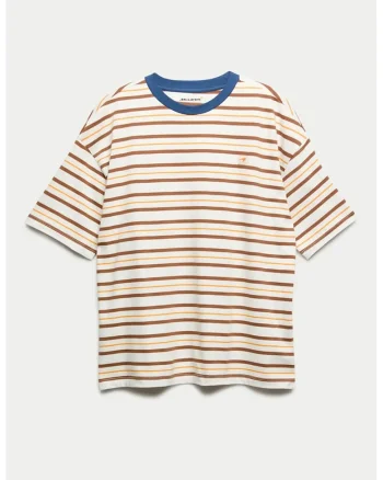 Tricou de bumbac cu dungi, Alb/Portocaliu/Bleumarin