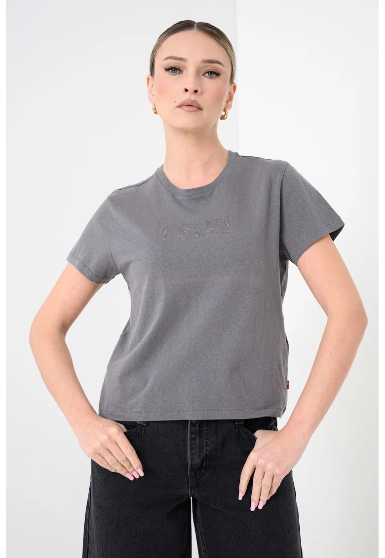 Tricou de bumbac cu logo cu strasuri, Gri cenusiu/Argintiu