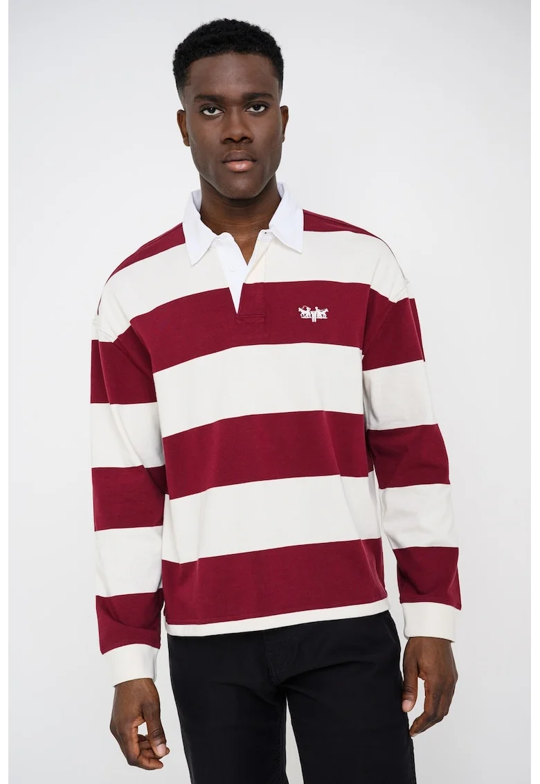 Bluza polo din bumbac cu dungi, Visiniu/Alb fildes