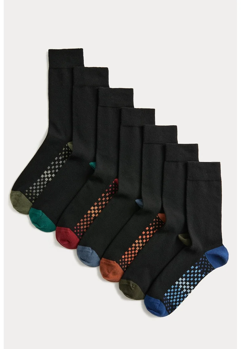 Set de sosete lungi cu garnituri contrastante - 7 perechi, Negru