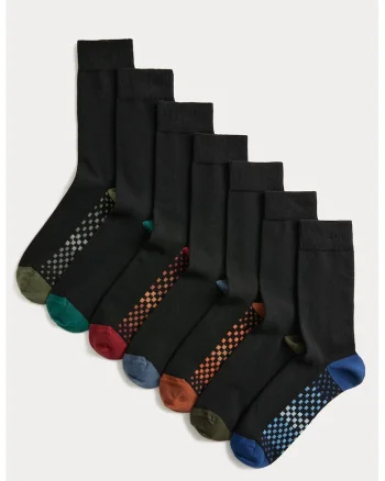 Set de sosete lungi cu garnituri contrastante - 7 perechi, Negru