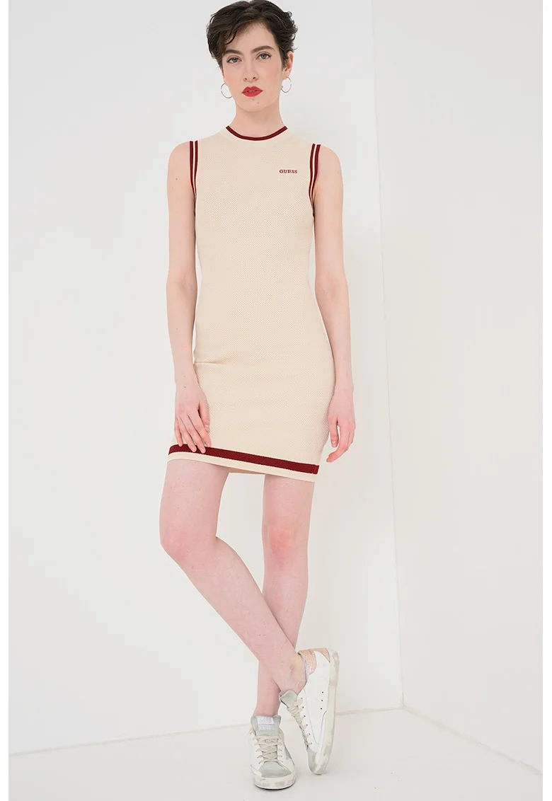Rochie mini cambrata fara maneci, Visiniu/Bej deschis