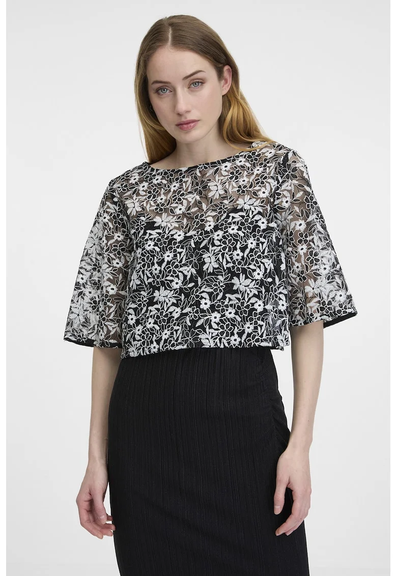 Bluza crop de dantela cu decupaj pe spate, Alb/Negru