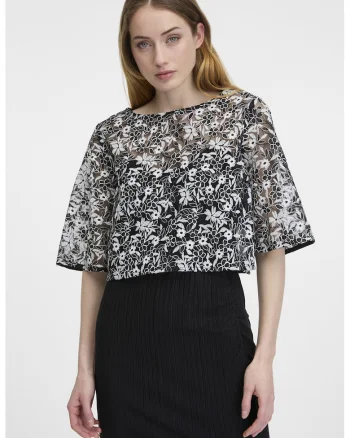 Bluza crop de dantela cu decupaj pe spate, Alb/Negru