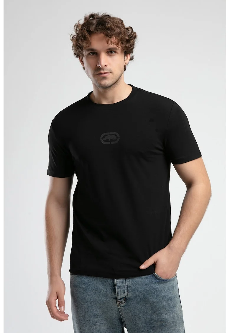 Tricou cu logo si decolteu la baza gatului, Negru