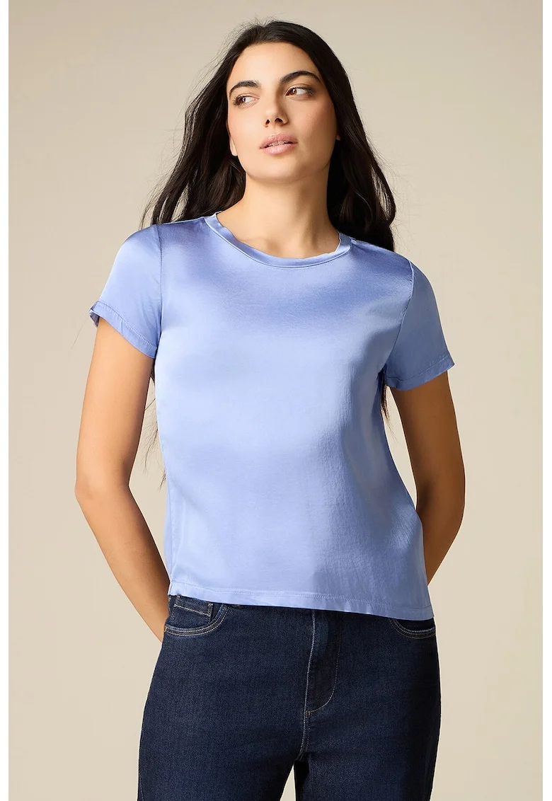 Tricou de satin cu decolteu rotund, Albastru pastel
