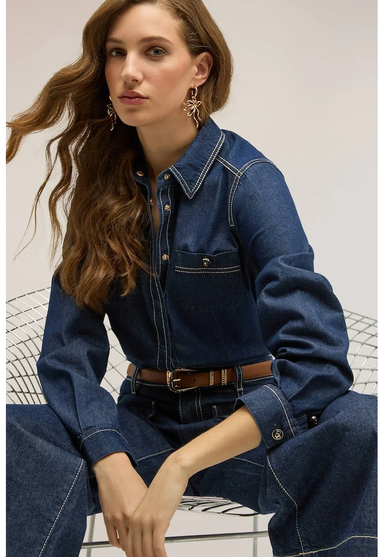 Camasa de denim cu buzunare pe piept, Albastru inchis melange