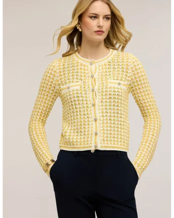 Cardigan cu nasturi tip bijuterie, Galben deschis