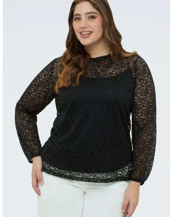 Bluza din dantela cu top incorporat, Negru