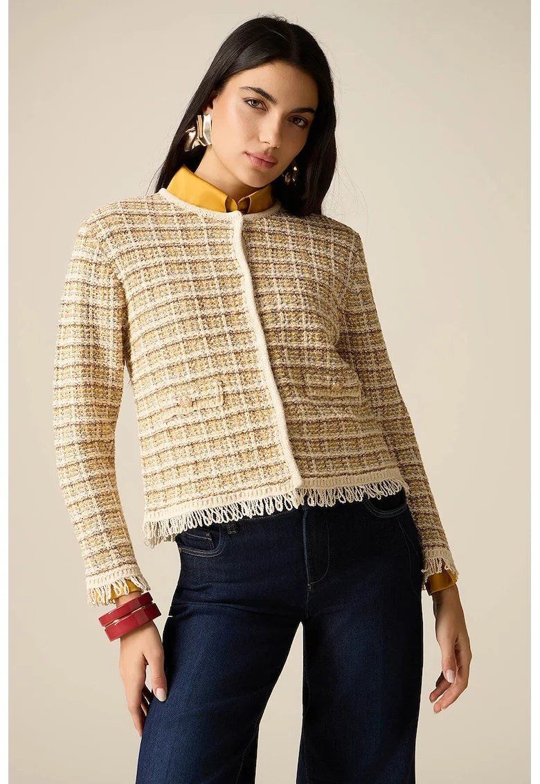 Cardigan cu model boucle si franjuri, Maro camel