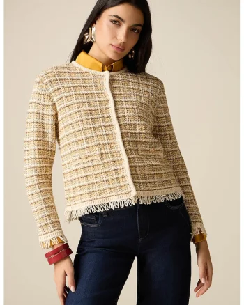 Cardigan cu model boucle si franjuri, Maro camel
