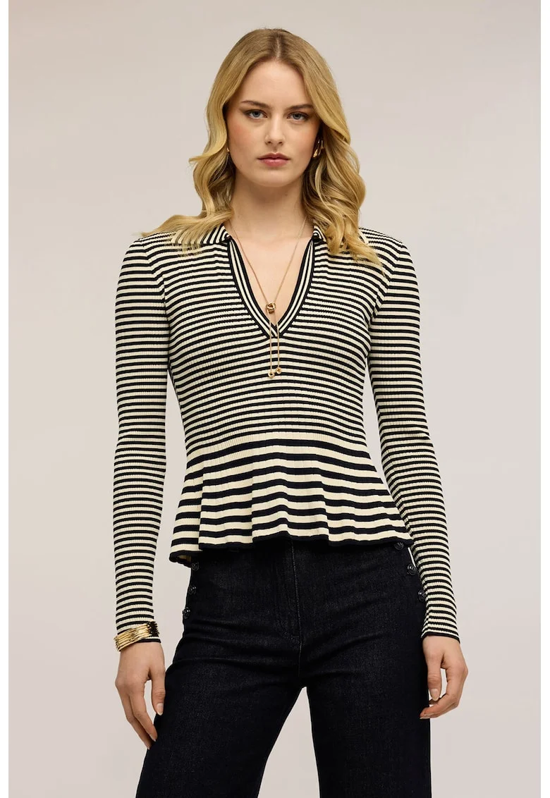 Pulover cu terminatie peplum, Negru/Crem