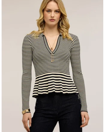 Pulover cu terminatie peplum, Negru/Crem