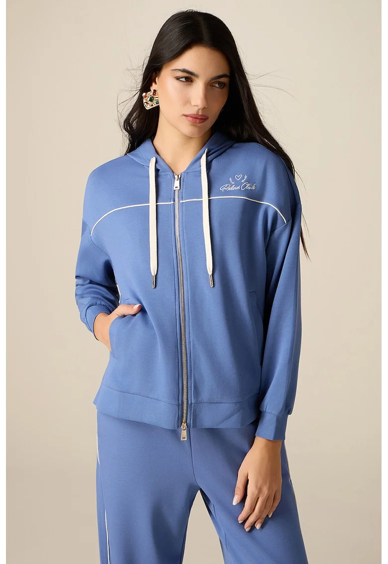 Hanorac cu model brodat si fermoar, Albastru pastel
