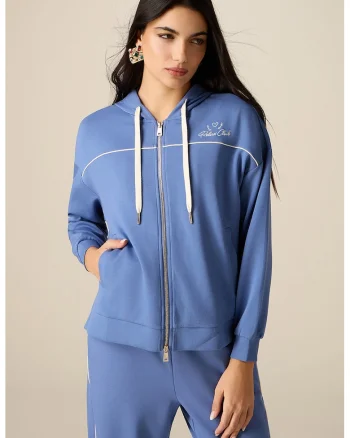 Hanorac cu model brodat si fermoar, Albastru pastel