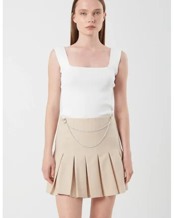 Fusta midi plisata  talie inalta, bej natural, Bej Natural
