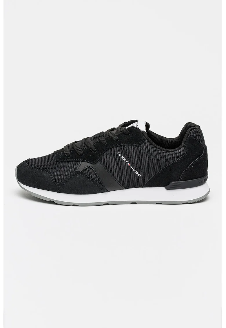 Pantofi sport low-cut cu material exterior de piele intoarsa, Negru/Alb optic