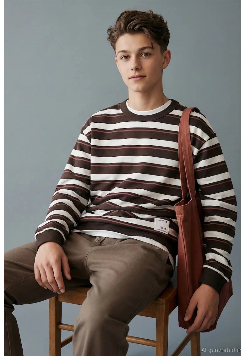 Bluza de trening de bumbac cu dungi, Alb/Maro/Roz