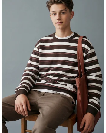 Bluza de trening de bumbac cu dungi, Alb/Maro/Roz